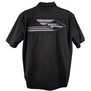 Harley-Davidson Mens L Black Striped Short Sleeve Button-Up Mechanic Shirt Biker